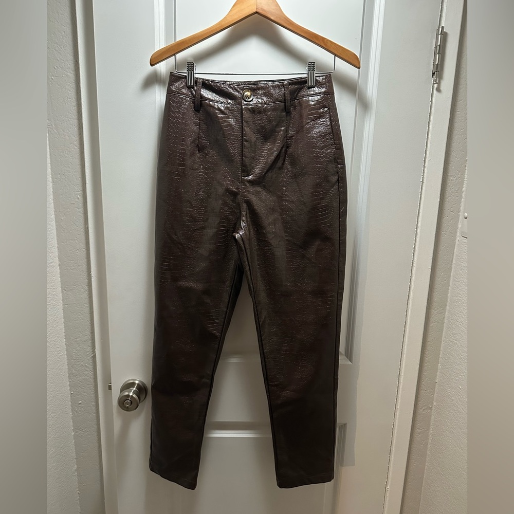 Nasty Gal modern chocolate brown crocodile snakeskin leather pants work chic